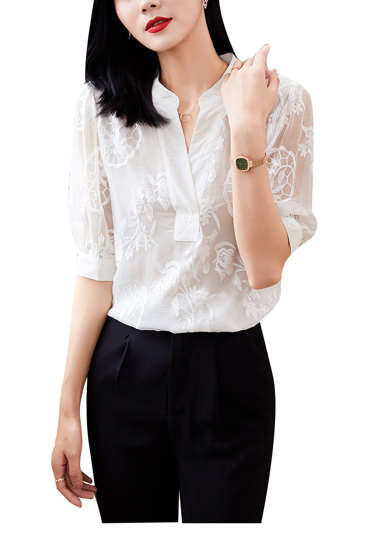 白色女短袖2023夏季新款刺绣衬衫 帛与绣衬衫
