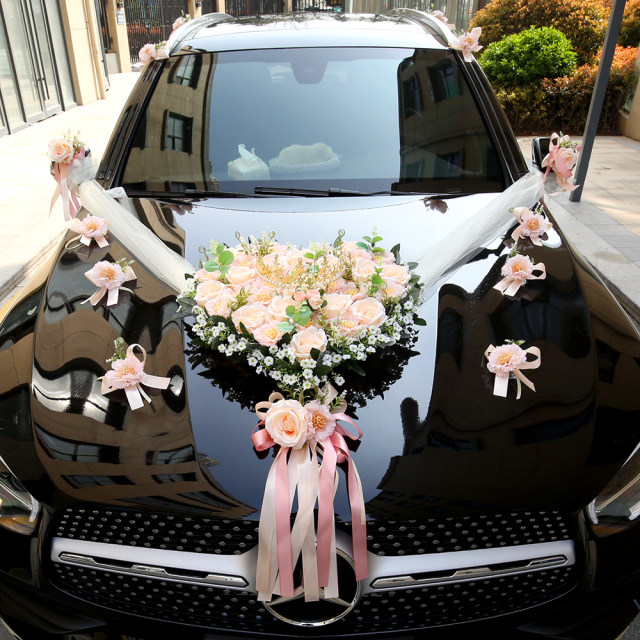 Pink champagne Milan heart-shaped simulation wedding car flowers wedding car  decoration main wedding car flower