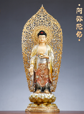 纯铜彩绘西方三圣佛像大背光摆件