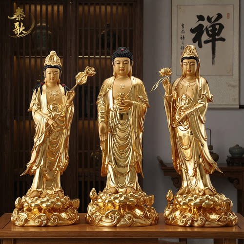 西方三圣佛像纯铜贴金阿弥陀佛站像居家供奉观音菩萨佛像客厅摆件 - 图0