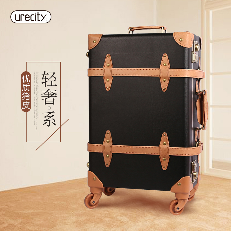 urecity豬皮復古行李箱TSA萬向輪拉桿箱手工真皮登機箱復古旅行箱