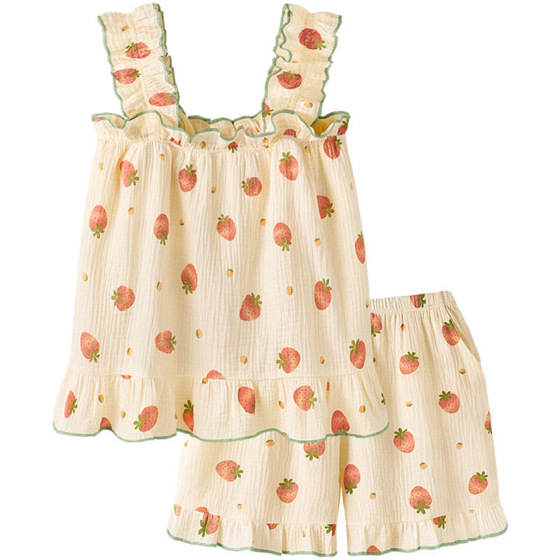 女款夏季纯棉纱布吊带短裤新款睡衣 pinksea内衣睡衣/家居服套装