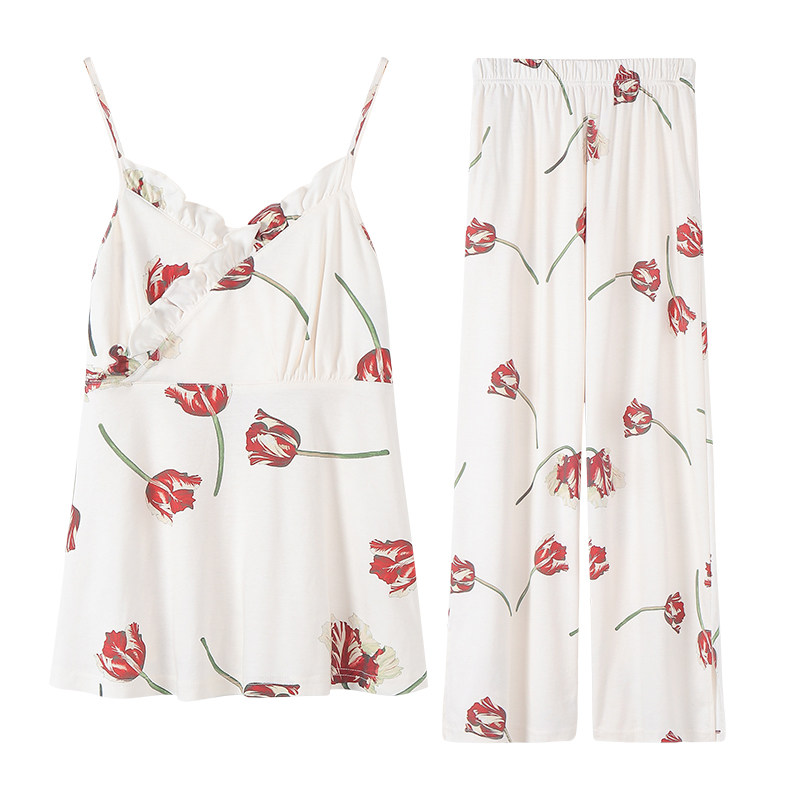 夏吊带纯棉长袖长裤性感夏季睡袍 牛格格睡衣/家居服套装