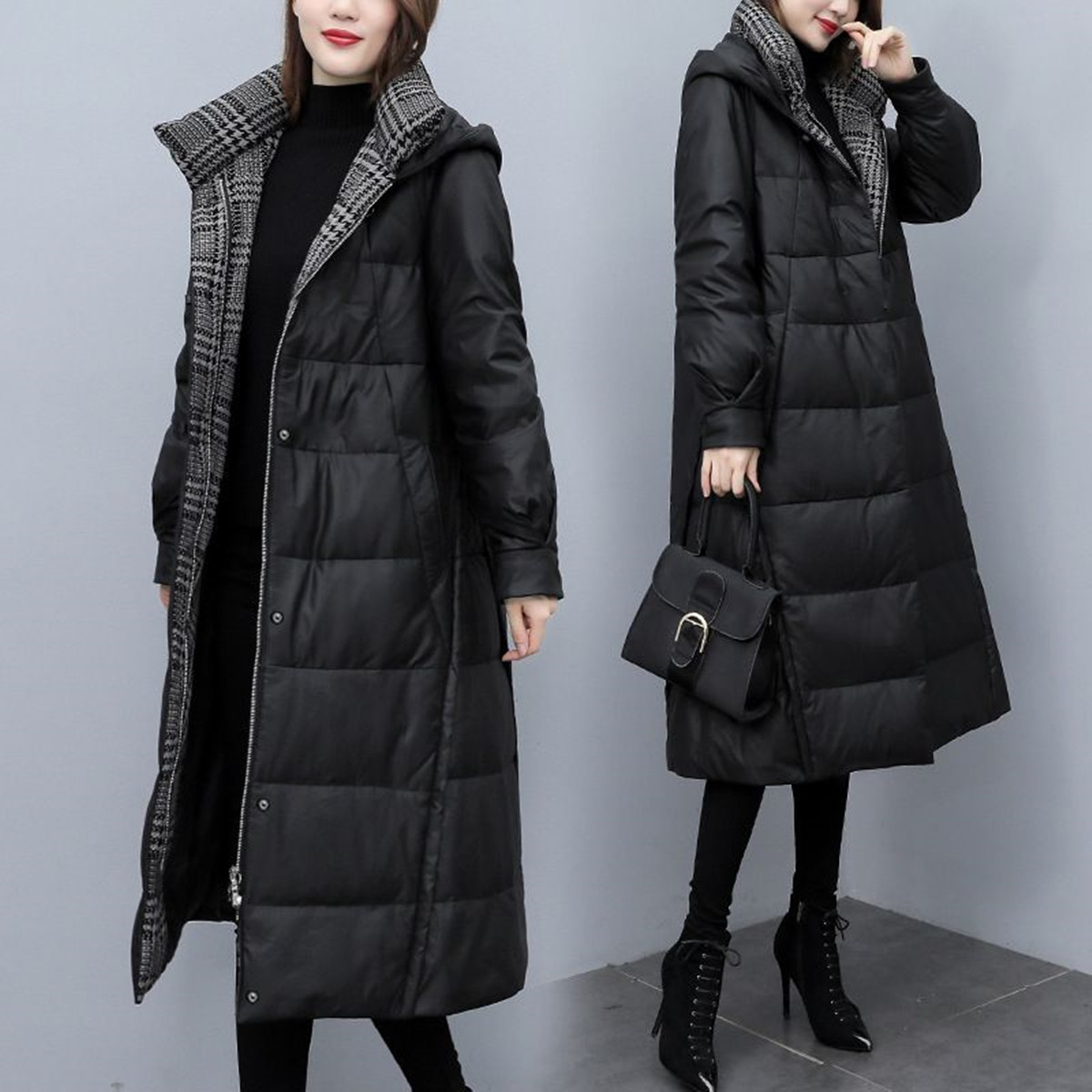 海宁头层真皮绵羊皮羽绒服女2025冬季新中长连帽防风袖大码皮外套
