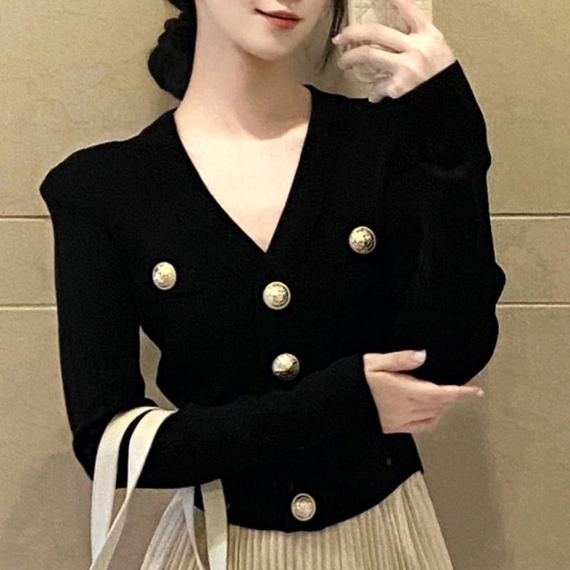 法式香风长袖针织新款针织衫外套修身毛衣气质短款开衫打底女上衣 - 图0