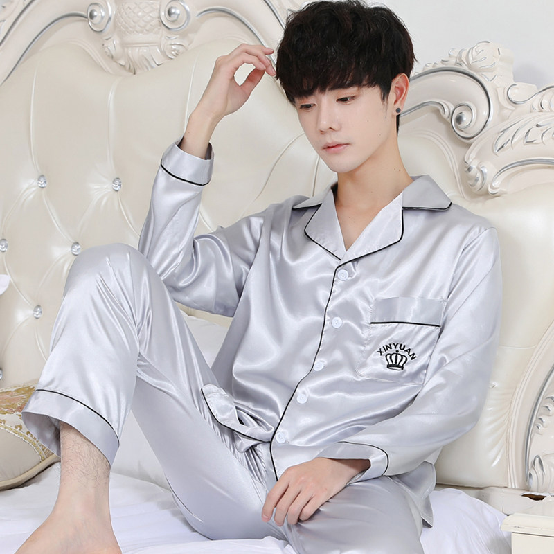 春秋季长袖冰丝男士睡衣夏季套装 点彩睡衣/家居服套装