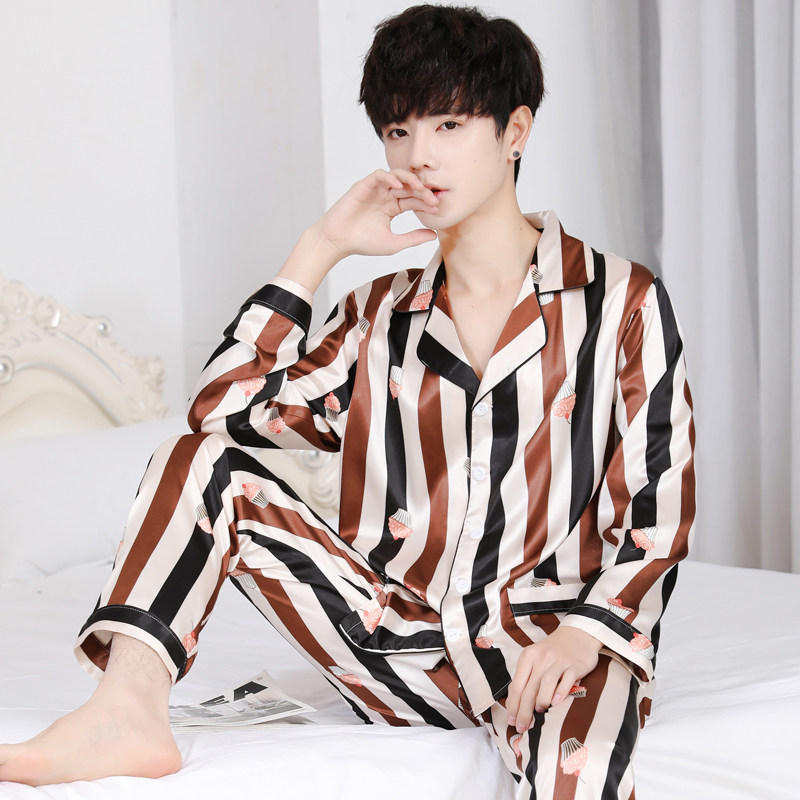 春秋季长袖冰丝男士睡衣夏季套装 点彩睡衣/家居服套装