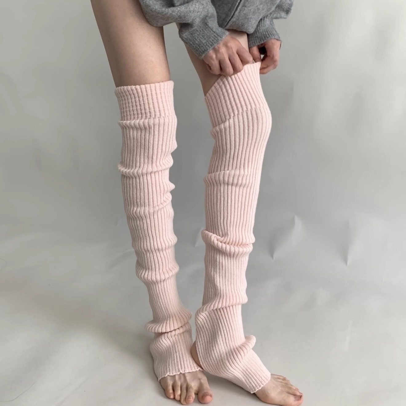 Wuuuus 踩脚袜套女春秋款芭蕾风长筒堆堆袜子竖纹针织露趾小腿套,淘宝优惠券,粉丝福利购,淘宝优惠卷