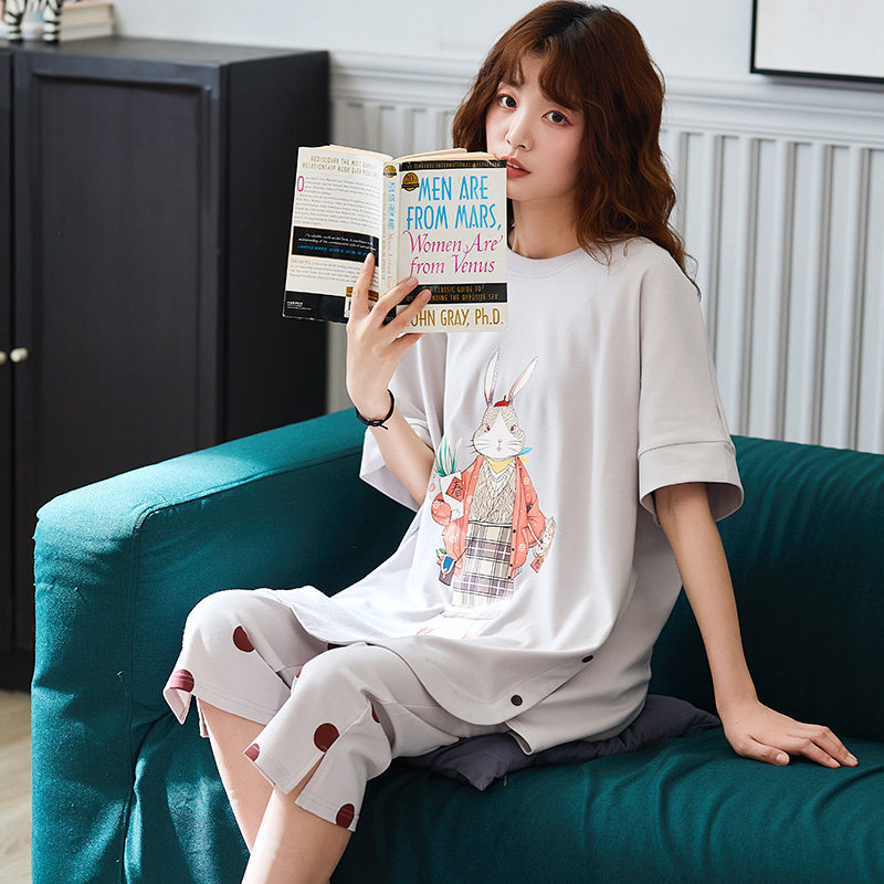 睡衣女夏纯棉薄款短袖七分裤 jeeyuntoo吉运兔睡衣/家居服套装