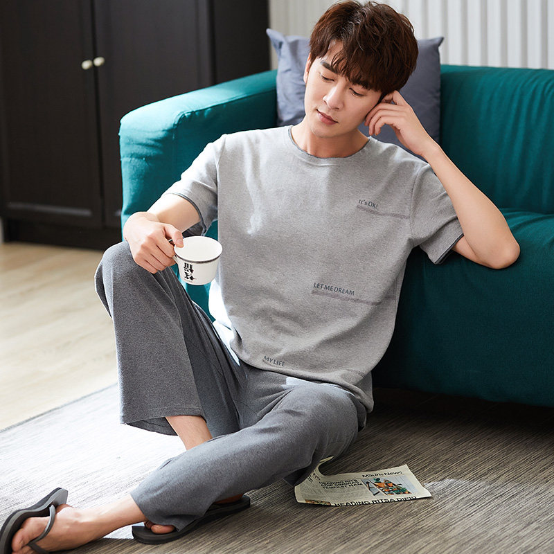 男士夏季短袖长裤全棉休闲睡衣 jeeyuntoo吉运兔睡衣/家居服套装