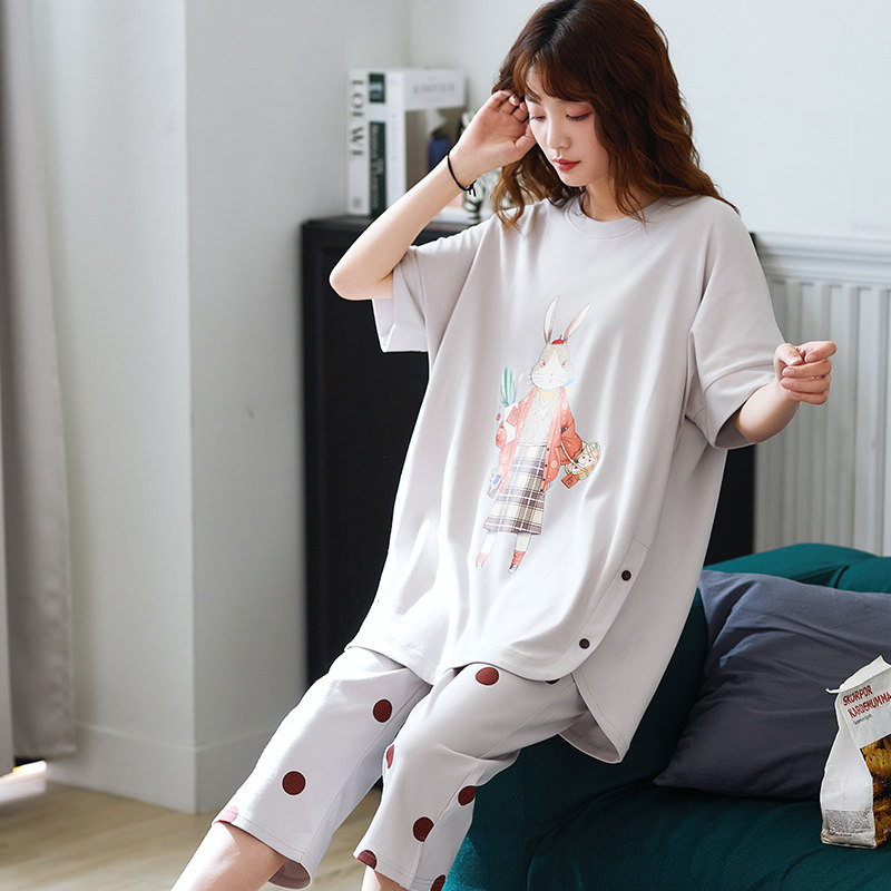 睡衣女夏纯棉薄款短袖七分裤 jeeyuntoo吉运兔睡衣/家居服套装