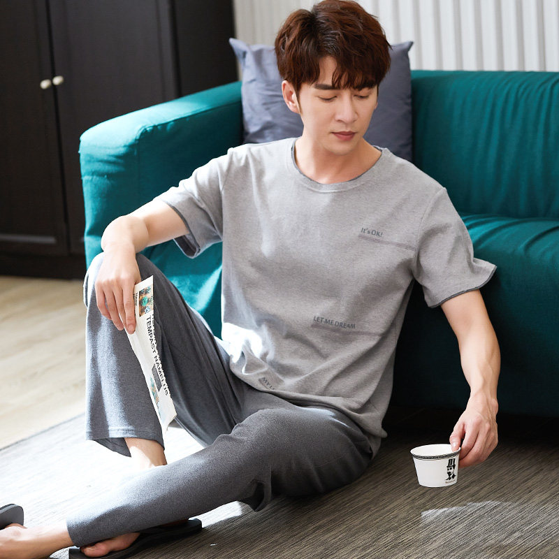 男士夏季短袖长裤全棉休闲睡衣 jeeyuntoo吉运兔睡衣/家居服套装