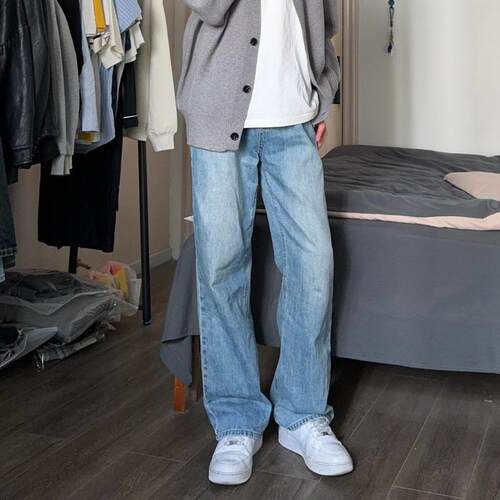 Cleanfit浅蓝色水洗直筒牛仔裤男潮款百搭宽松显瘦休闲裤阔腿裤子 - 图1