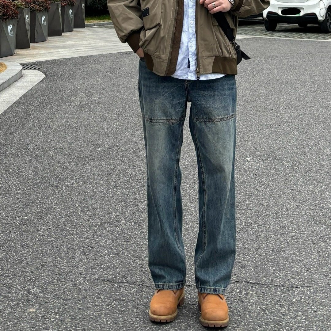 复古街头vibe水洗做旧拼接设计直筒牛仔裤男潮款简约休闲裤高级感,淘宝优惠券,粉丝福利购,淘宝优惠卷