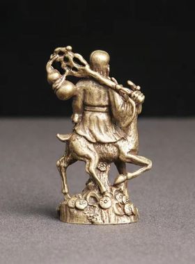 纯黄铜南极仙翁桌面摆件福禄骑鹿寿星佛像客厅纯铜小摆件纳福摆饰