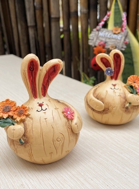 树下盒一对入美式复古乡村仿木纹胖胖兔摆件家居店铺装饰工艺摆设