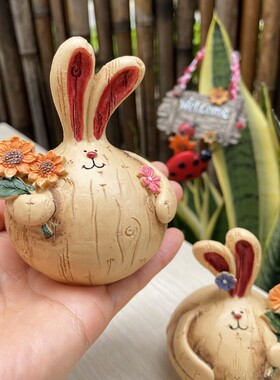 树下盒一对入美式复古乡村仿木纹呆胖乎乎兔子摆件店铺装饰摆设