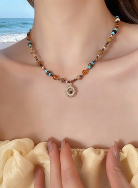 钛钢天然石米珠太阳花串珠项链新中式复古锁骨链轻奢感项饰女