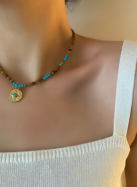 图画石绿松石串珠项链宇宙行星古法金属镶嵌绿松吊坠锁骨链女手工