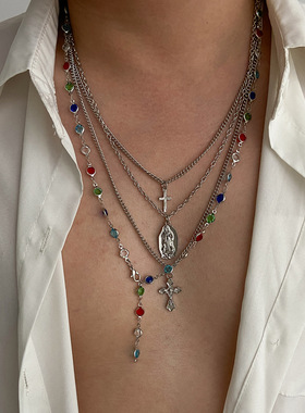 欧美精品饰品 男式十字架吊坠水晶链套装项链 个性小众风新款配饰