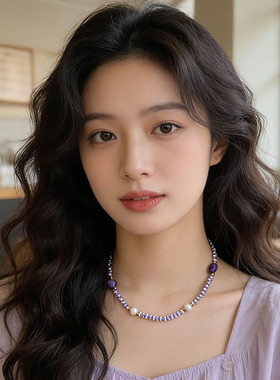 轻奢高级感choker项链女浪漫优雅紫色米珠串珠锁骨链小众复古颈饰