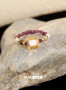 新中式复古简约沙弗莱石榴石串珠戒指女弹力指环百搭食指戒热卖女