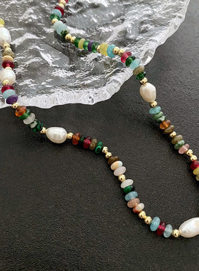 复古小众轻奢珍珠天然石天然水晶钛钢串珠淡水珍珠项链女式锁骨链