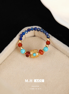 新中式青金石玛瑙串珠戒指女款文艺复古小众高级感食指戒指环热卖