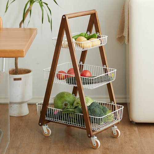 中古风实木小推车客厅可移动零食收纳架复古落地式厨房客厅置物架 - 图2