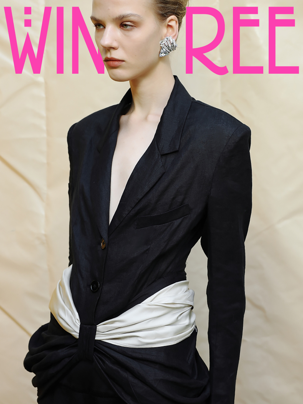 随意门WINGFREE 夏季新款原创设计绕结式亚麻薄款西装女黑色米灰 - 图1