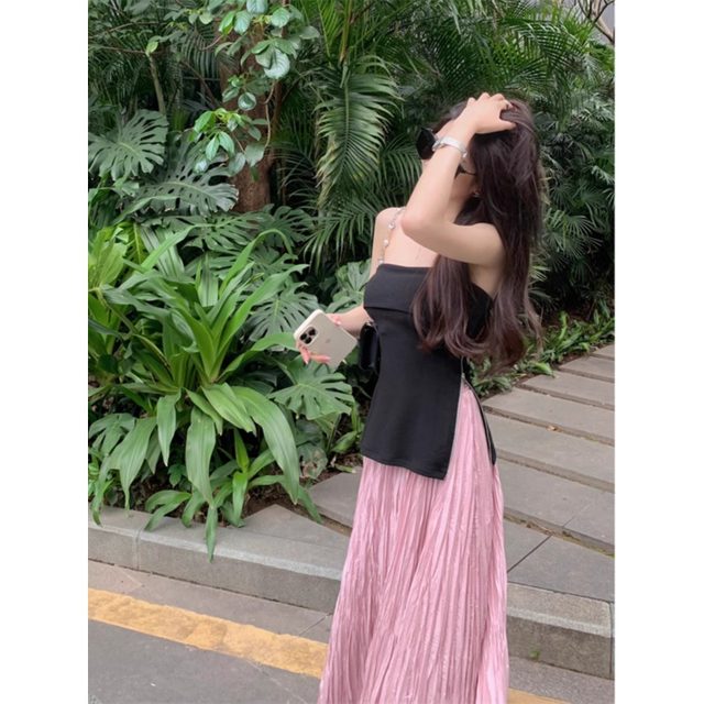 French A-line pink skirt for women pleated long skirt