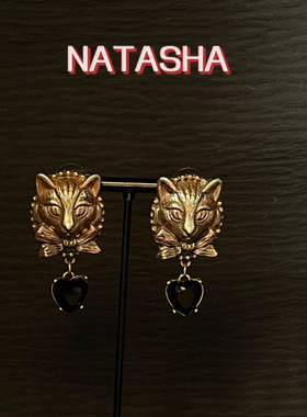 欧美西洋中古vintage回流重工耳坠项链古董做旧设计感猫头饰品