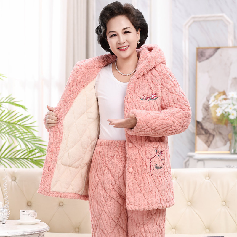 连帽睡衣女中老年妈妈家居服套装秋冬季三层加厚加绒珊瑚绒夹棉,淘宝优惠券,粉丝福利购,淘宝优惠卷