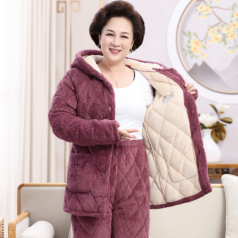 中老年睡衣女士珊瑚绒三层夹棉加厚加绒连帽套装中老人保暖家居服