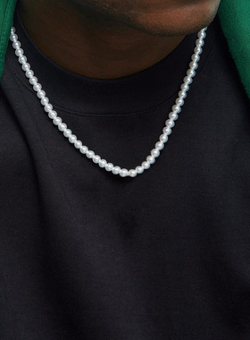 Men's pearl necklace Round beaded stainless steel clavicle