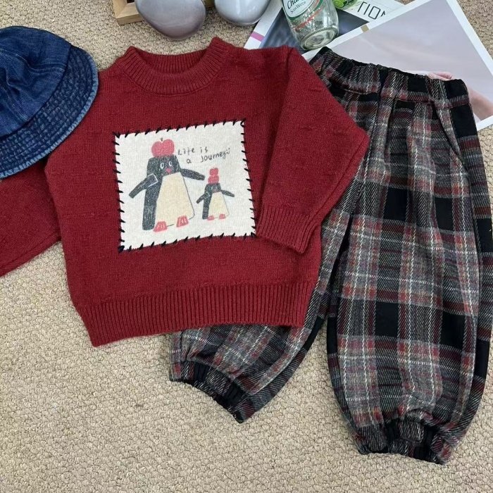 男女童冬季圆领可爱卡通企鹅上衣男宝休闲宽松毛衣加绒格子收脚裤,淘宝优惠券,粉丝福利购,淘宝优惠卷