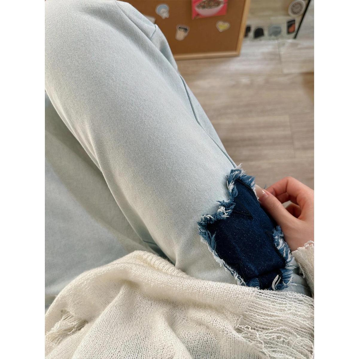 浅蓝色蝴蝶毛边牛仔裤女大码胖mm高腰阔腿裤子梨形身材遮胯拖地裤-图2