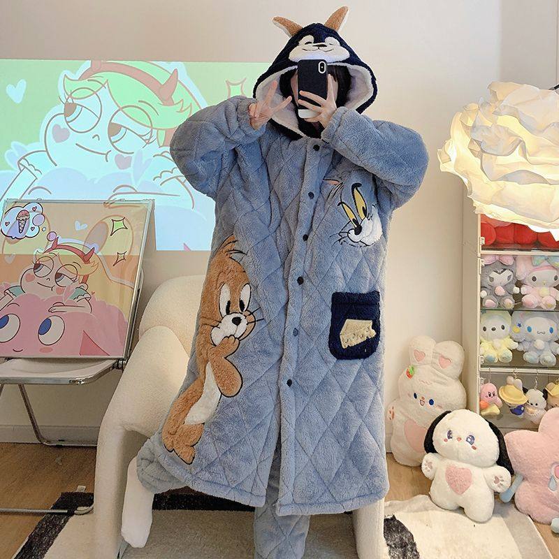 冬季加厚加绒三层夹棉保暖睡衣套装男女可爱卡通猫和老鼠连帽睡袍,淘宝优惠券,粉丝福利购,淘宝优惠卷