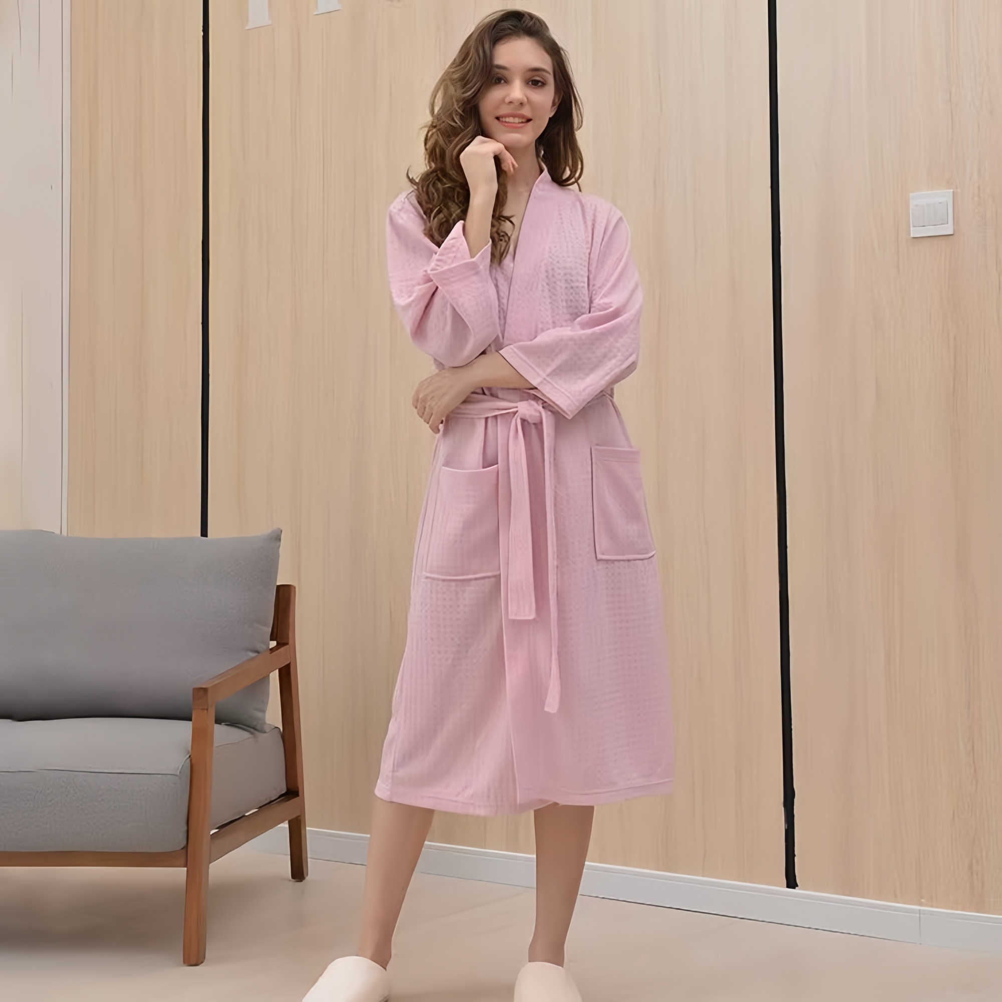 春夏季薄款华夫格长袖睡袍美容院中长款宽松大码晨袍情侣酒店浴袍 - 图3