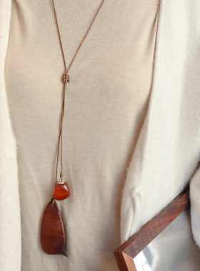 进口森系植物天然石玛瑙虎眼石毛衣链长款民族风配饰手工编织服饰