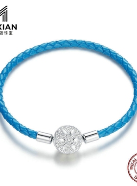 美汝仙 雪花扣头s925纯银蓝色编织皮绳基础手链原创设计新品