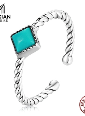 美汝仙 原创纯银几何松石戒指 s925方形蓝色锆石开口指环手饰