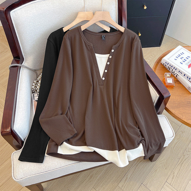 大码胖mm巨好看上衣春装新款假两件正肩宽松遮肚显瘦女装漂亮T恤,淘宝优惠券,粉丝福利购,淘宝优惠卷