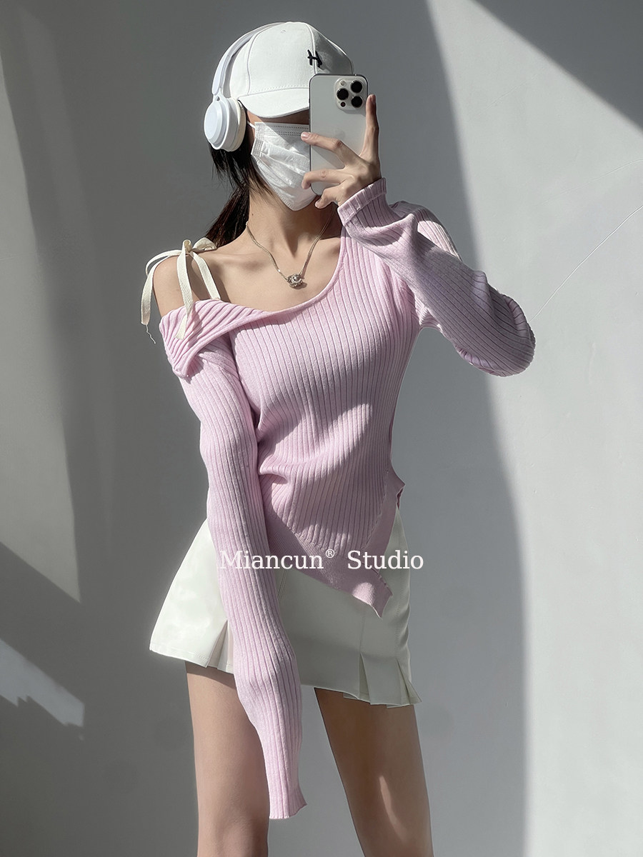 棉村 设计感露肩性感不对称系带针织衫上衣女一字肩辣妹打底毛衣,淘宝优惠券,粉丝福利购,淘宝优惠卷