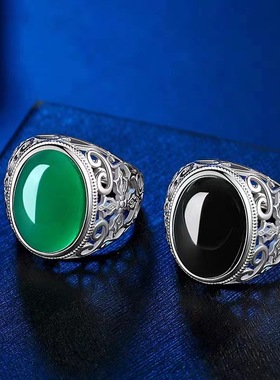 黑曜石戒指绿宝石玛瑙黑曜石男款个性霸气活口戒指绿玉髓