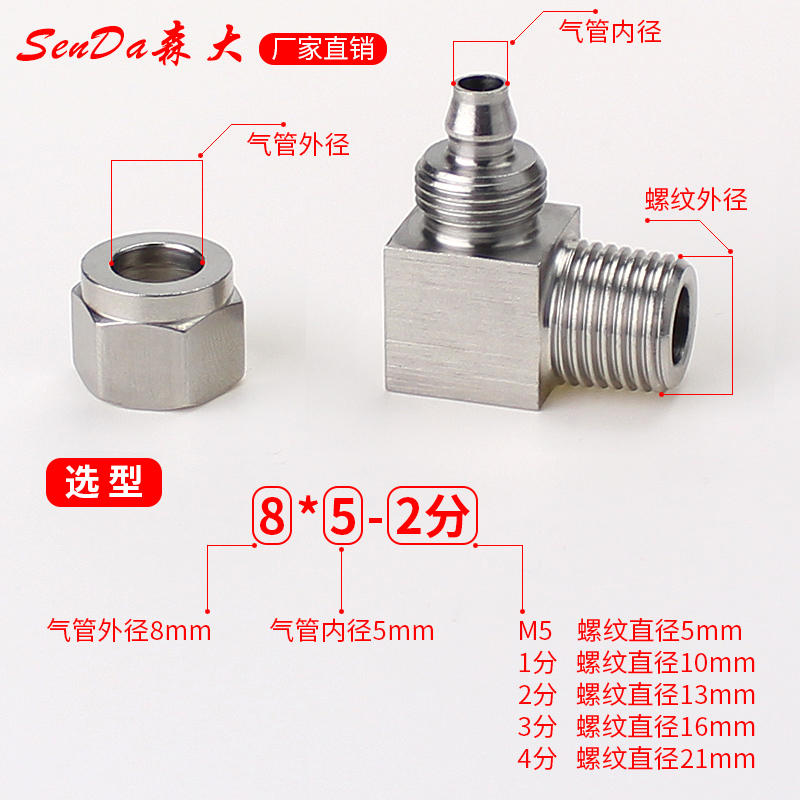 不锈钢快拧接头气管锁母快接尼龙软管四氟管直角弯头螺纹弯通304