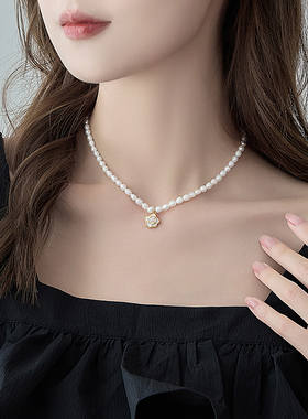 山茶花天然珍珠项链复古锁骨链