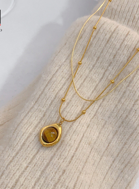 复古叠戴天然石项链女2025秋冬新款轻奢小众设计高级感颈链毛衣链