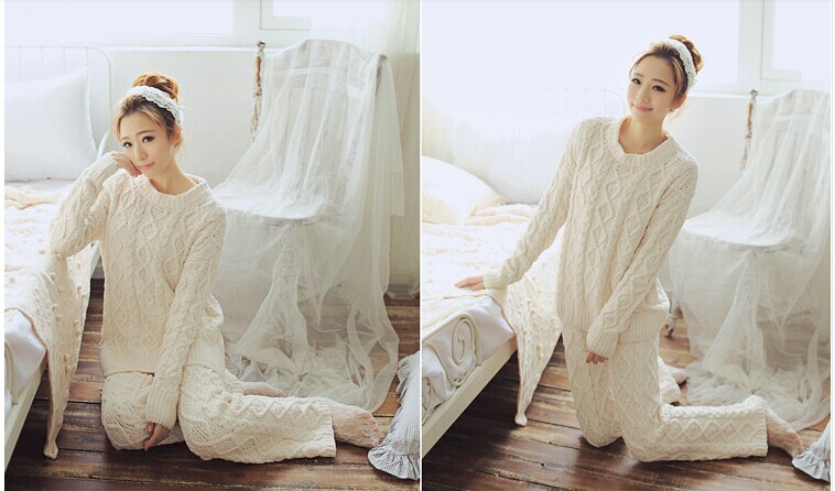 日单高端针织拧花菱格毛衣套装日系家居服淑女纯色睡衣套装-图0