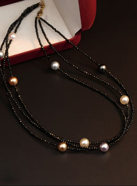 法式轻奢手工黑色串珠多层项链女